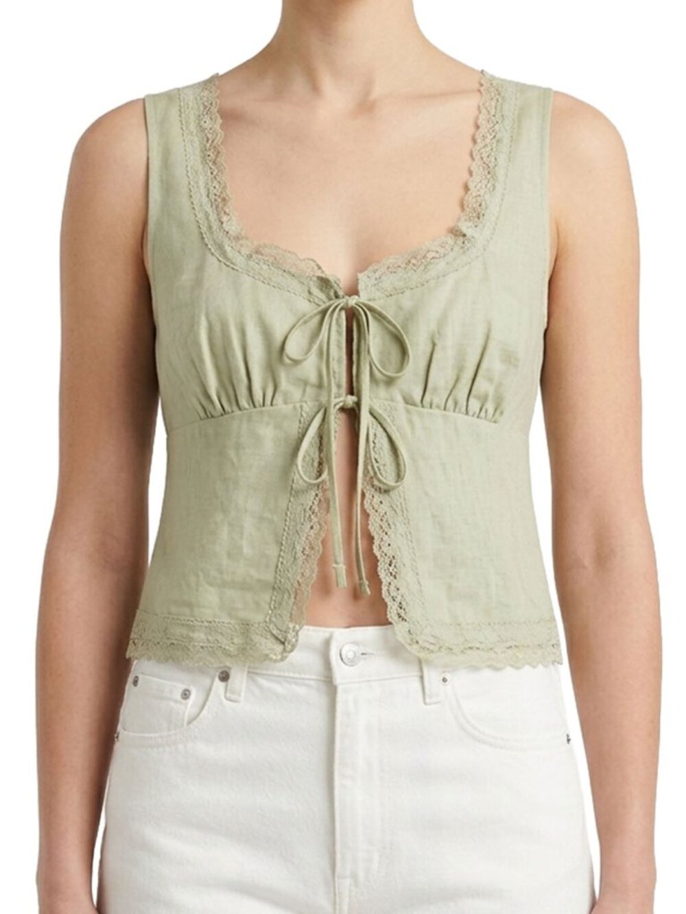 Reformation Rosalie Linen Top Dried Herbs Sage Green Tie Front 6